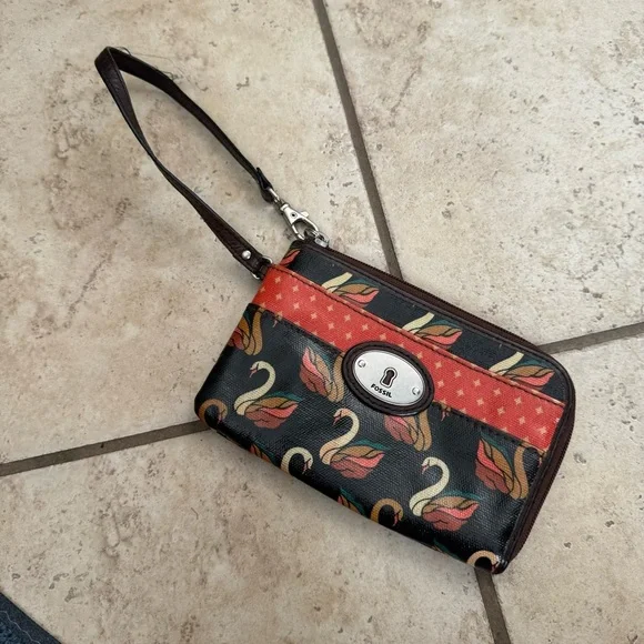 Fossil Black and Red Swan Print Wristlet - Picture 1 of 3